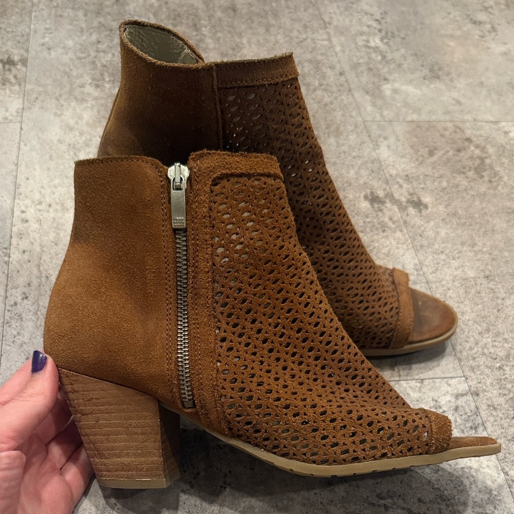 Eric Michael Tan Suede Peep-Toe Ankle Booties